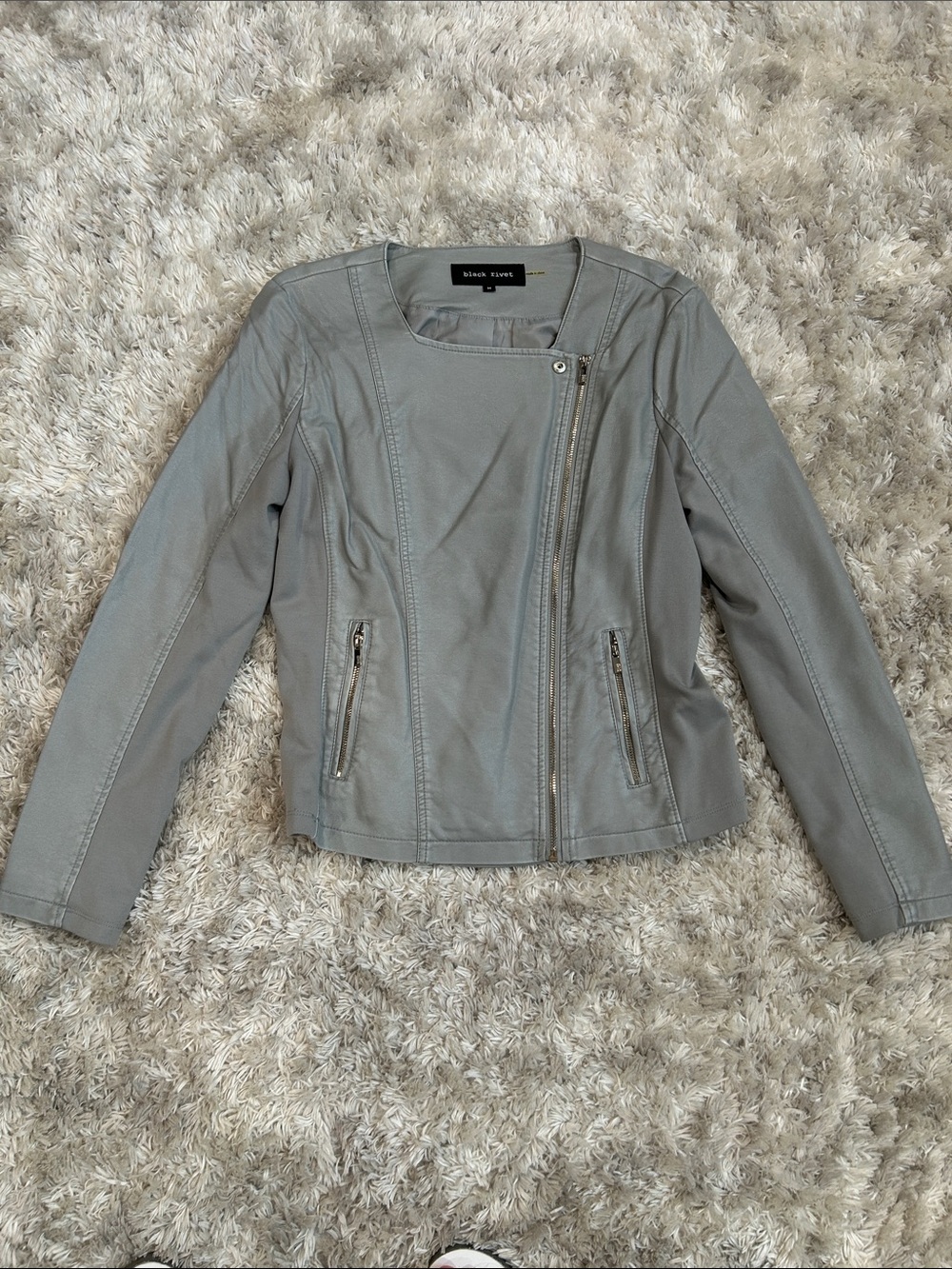 Black Rivet Women's Light Gray Asymmetrical Zip Moto Leather Jacket